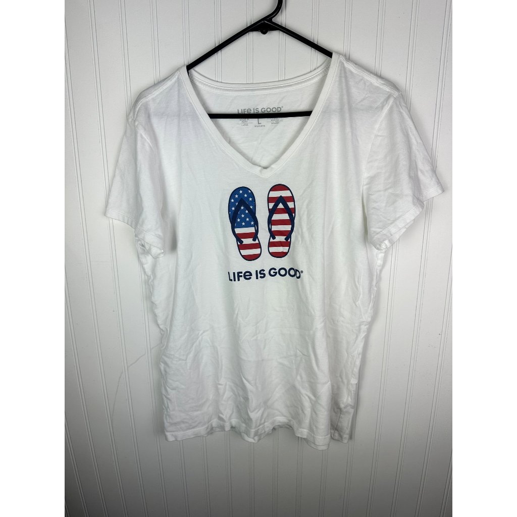 Life If Good Womens Crusher Tee V Neck 4th Of July Patriotic Flip Flops Size Lar